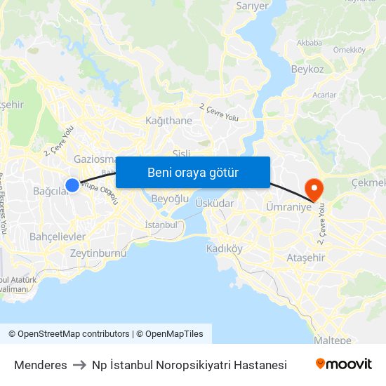 Menderes to Np İstanbul Noropsikiyatri Hastanesi map