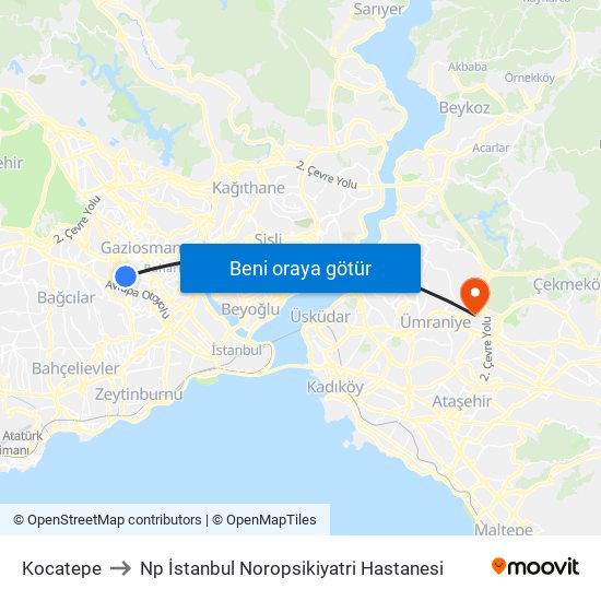 Kocatepe to Np İstanbul Noropsikiyatri Hastanesi map
