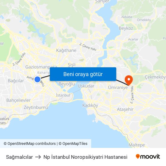 Sağmalcılar to Np İstanbul Noropsikiyatri Hastanesi map