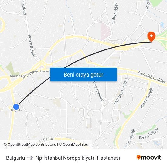 Bulgurlu to Np İstanbul Noropsikiyatri Hastanesi map