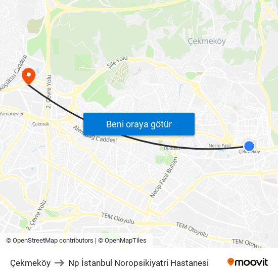 Çekmeköy to Np İstanbul Noropsikiyatri Hastanesi map