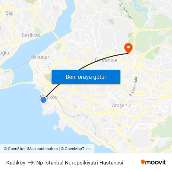 Kadıköy to Np İstanbul Noropsikiyatri Hastanesi map