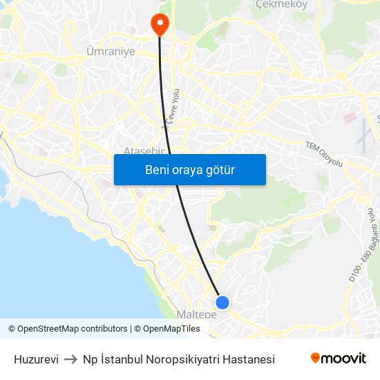 Huzurevi to Np İstanbul Noropsikiyatri Hastanesi map