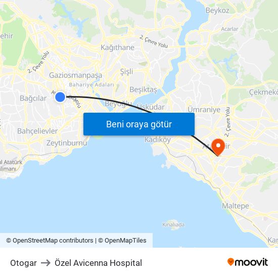 Otogar to Özel Avicenna Hospital map