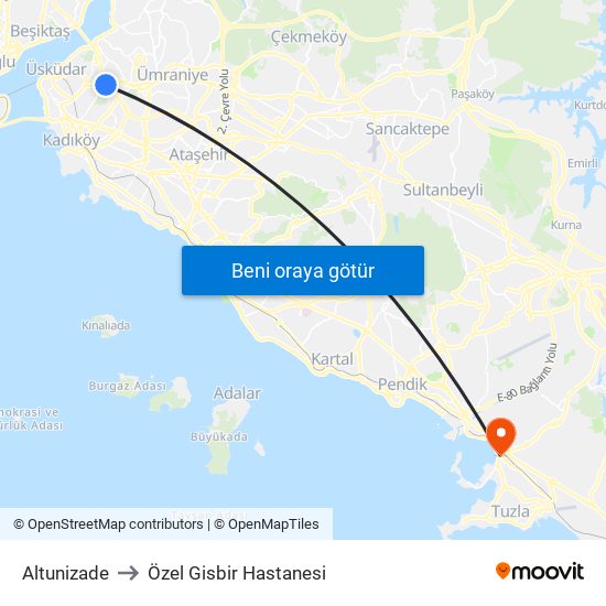 Altunizade to Özel Gisbir Hastanesi map