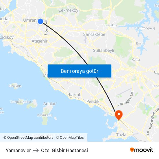 Yamanevler to Özel Gisbir Hastanesi map