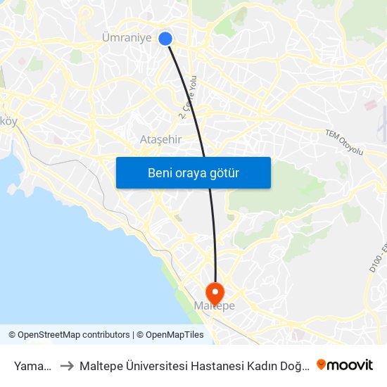 Yamanevler to Maltepe Üniversitesi Hastanesi Kadın Doğum ve Tüp Bebek Kliniği map