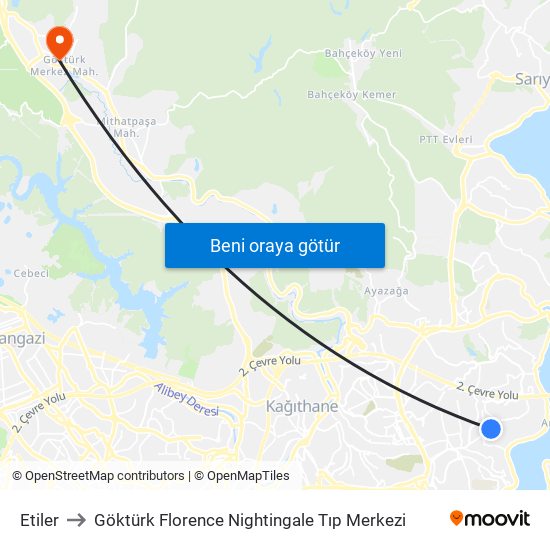 Etiler to Göktürk Florence Nightingale Tıp Merkezi map