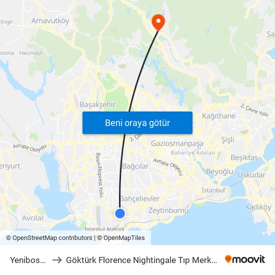 Yenibosna to Göktürk Florence Nightingale Tıp Merkezi map