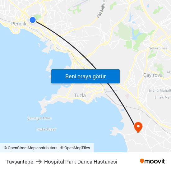 Tavşantepe to Hospital Park Darıca Hastanesi map
