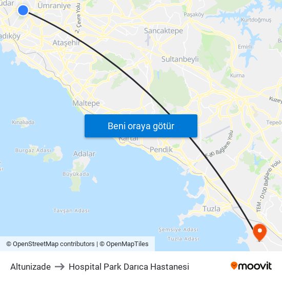 Altunizade to Hospital Park Darıca Hastanesi map