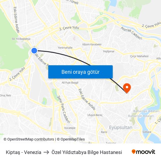Kiptaş - Venezia to Özel Yıldıztabya Bilge Hastanesi map
