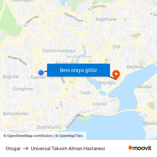 Otogar to Universal Taksim Alman Hastanesi map
