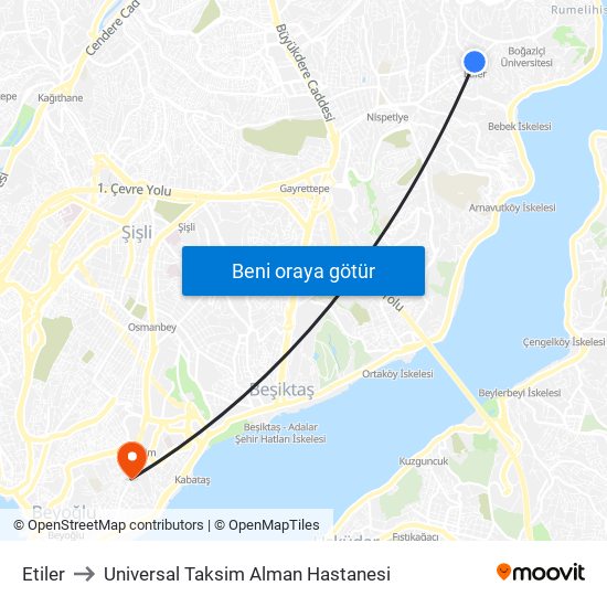 Etiler to Universal Taksim Alman Hastanesi map