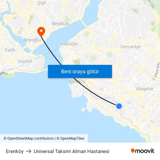 Erenköy to Universal Taksim Alman Hastanesi map