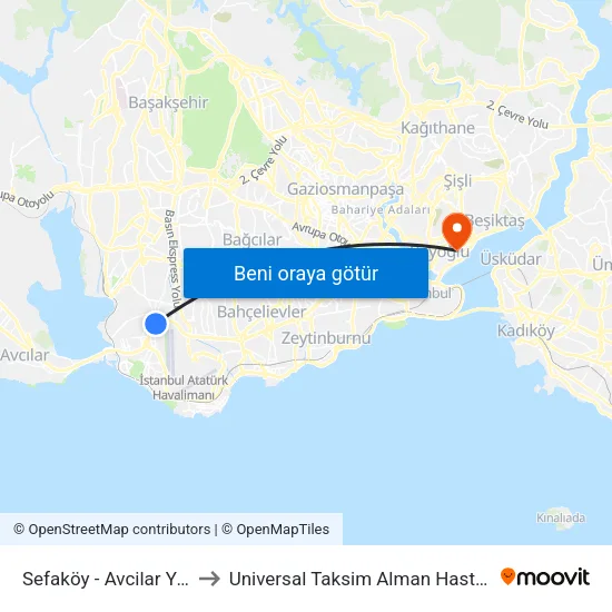 Sefaköy - Avcilar Yönü to Universal Taksim Alman Hastanesi map