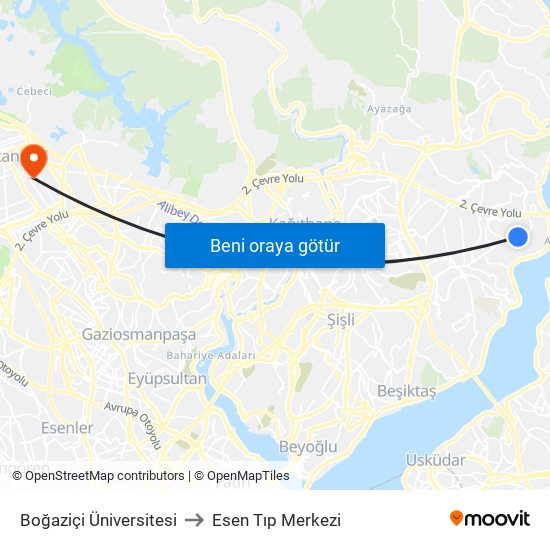 Boğaziçi Üniversitesi to Esen Tıp Merkezi map