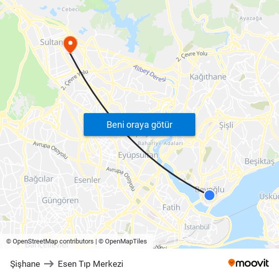Şişhane to Esen Tıp Merkezi map