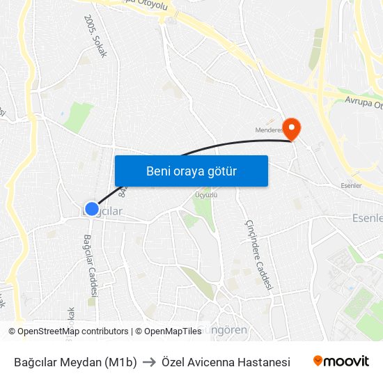 Bağcılar Meydan (M1b) to Özel Avicenna Hastanesi map