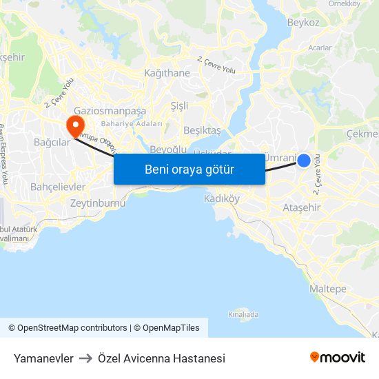 Yamanevler to Özel Avicenna Hastanesi map