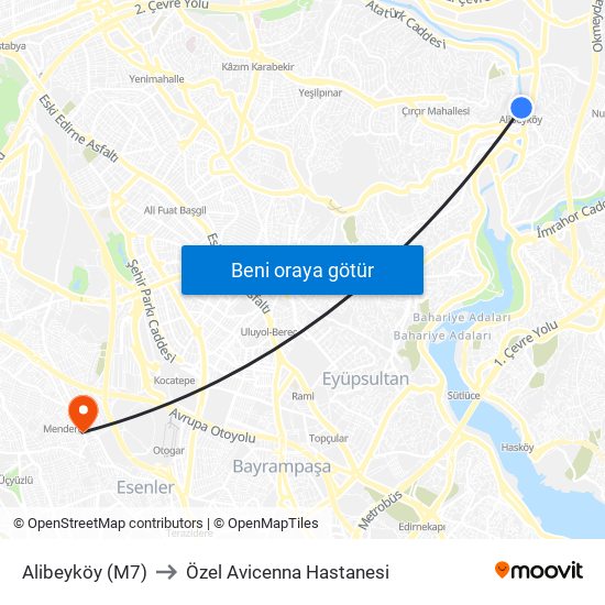 Alibeyköy (M7) to Özel Avicenna Hastanesi map