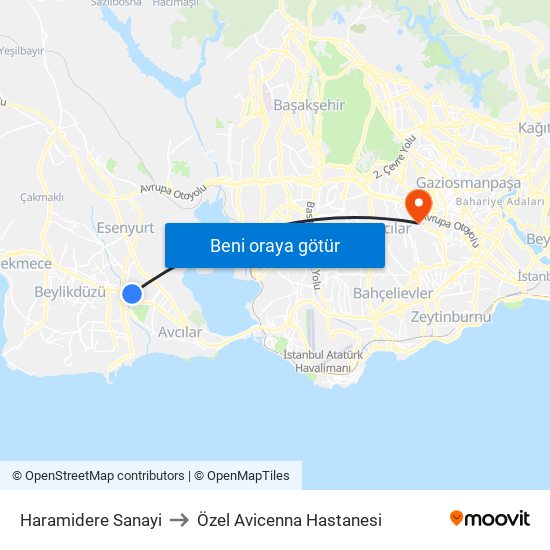 Haramidere Sanayi to Özel Avicenna Hastanesi map