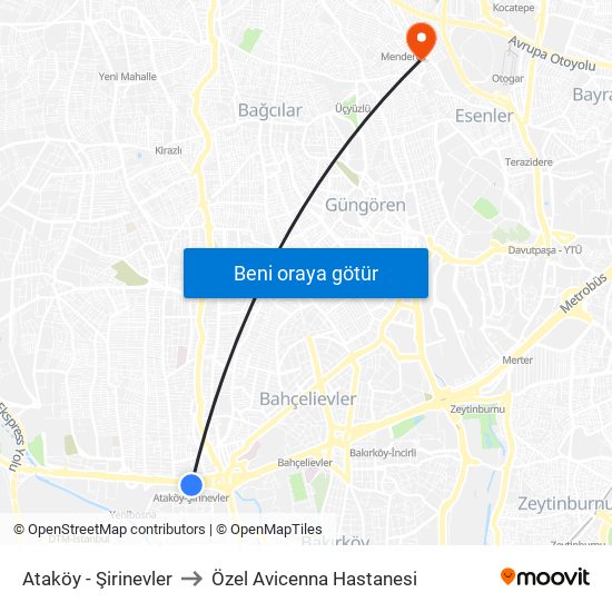 Ataköy - Şirinevler to Özel Avicenna Hastanesi map