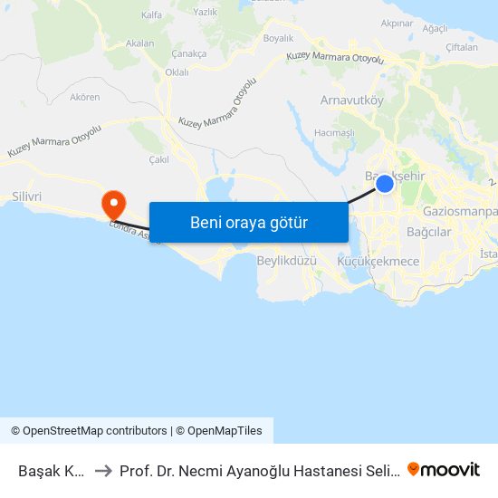 Başak Konutları to Prof. Dr. Necmi Ayanoğlu Hastanesi Selimpaşa Ek Hizmet Binası map