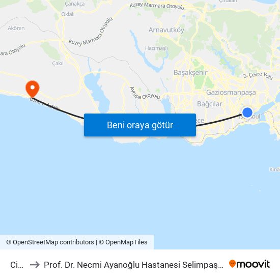 Cibali to Prof. Dr. Necmi Ayanoğlu Hastanesi Selimpaşa Ek Hizmet Binası map