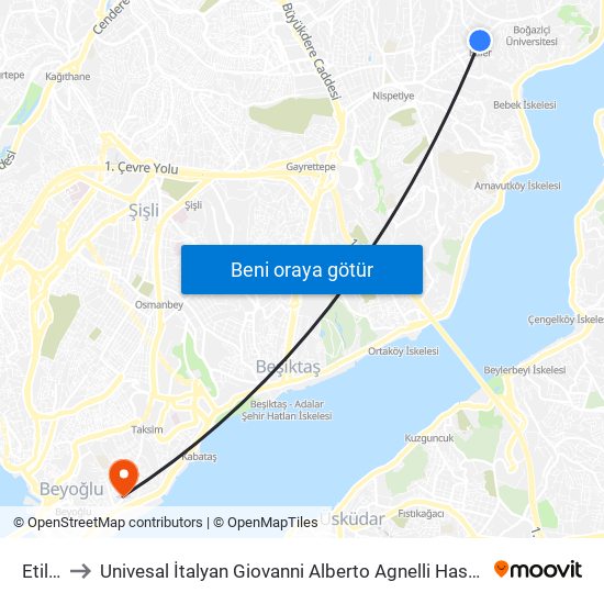Etiler to Univesal İtalyan Giovanni Alberto Agnelli Hastanesi map