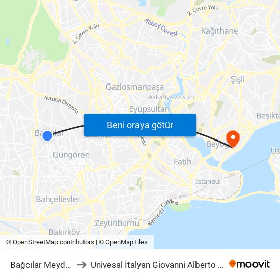 Bağcılar Meydan (M1b) to Univesal İtalyan Giovanni Alberto Agnelli Hastanesi map