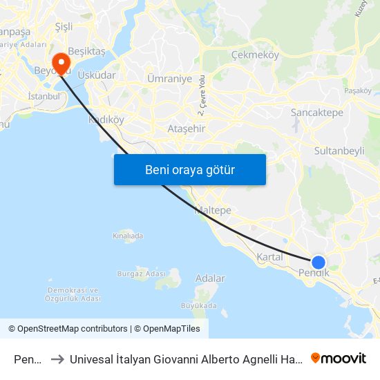 Pendik to Univesal İtalyan Giovanni Alberto Agnelli Hastanesi map