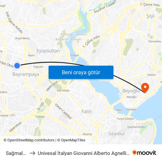 Sağmalcılar to Univesal İtalyan Giovanni Alberto Agnelli Hastanesi map