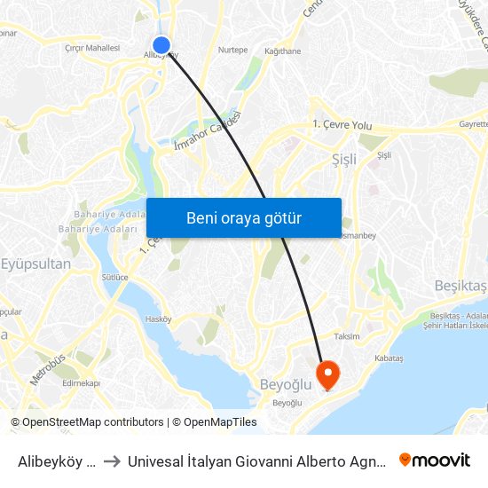 Alibeyköy (M7) to Univesal İtalyan Giovanni Alberto Agnelli Hastanesi map