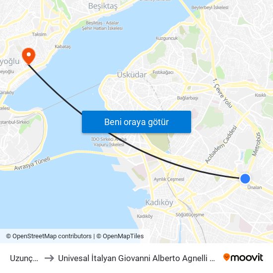 Uzunçayır to Univesal İtalyan Giovanni Alberto Agnelli Hastanesi map