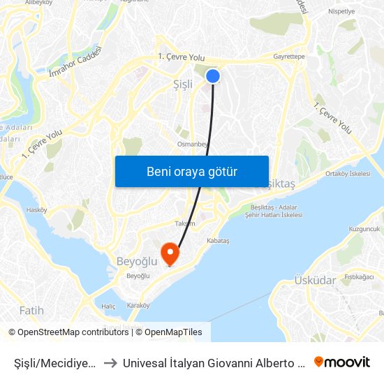 Şişli/Mecidiyeköy (M2) to Univesal İtalyan Giovanni Alberto Agnelli Hastanesi map