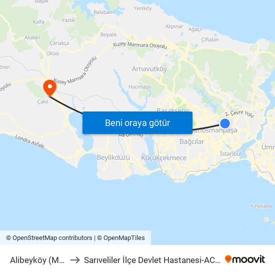 Alibeyköy (M7) to Sarıveliler İlçe Devlet Hastanesi-ACİL map