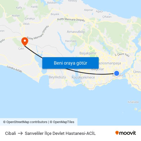 Cibali to Sarıveliler İlçe Devlet Hastanesi-ACİL map