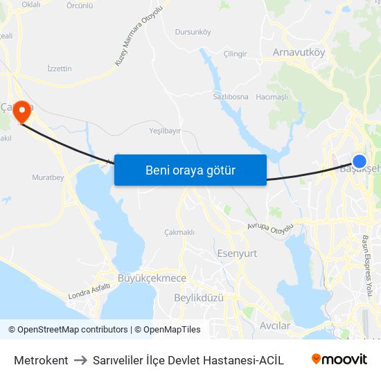 Metrokent to Sarıveliler İlçe Devlet Hastanesi-ACİL map