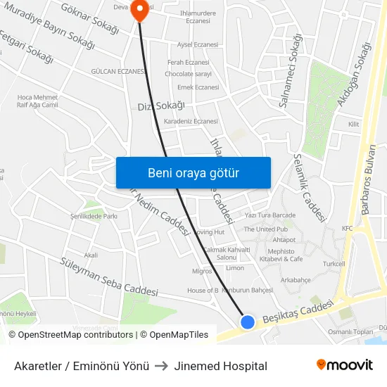 Akaretler / Eminönü Yönü to Jinemed Hospital map