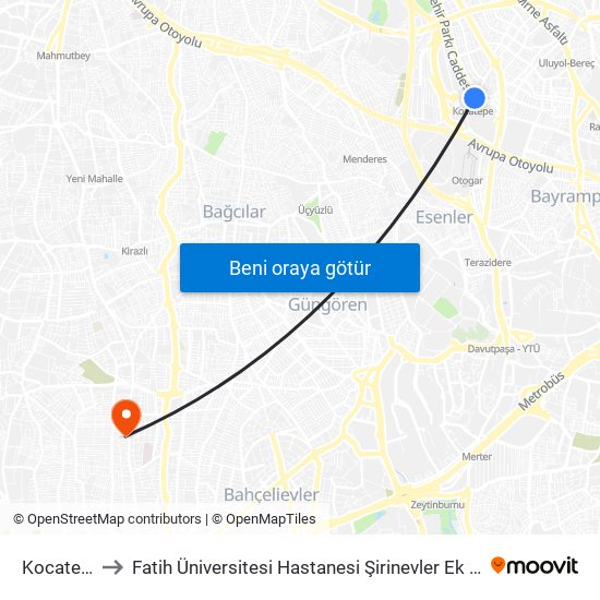 Kocatepe to Fatih Üniversitesi Hastanesi Şirinevler Ek Binası map