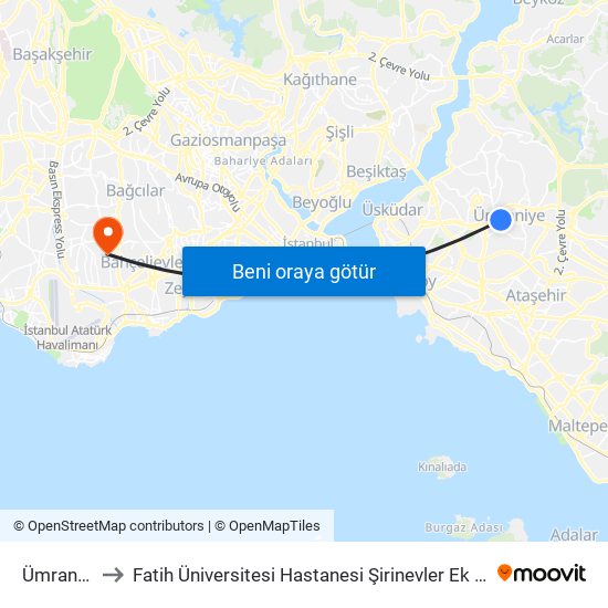 Ümraniye to Fatih Üniversitesi Hastanesi Şirinevler Ek Binası map