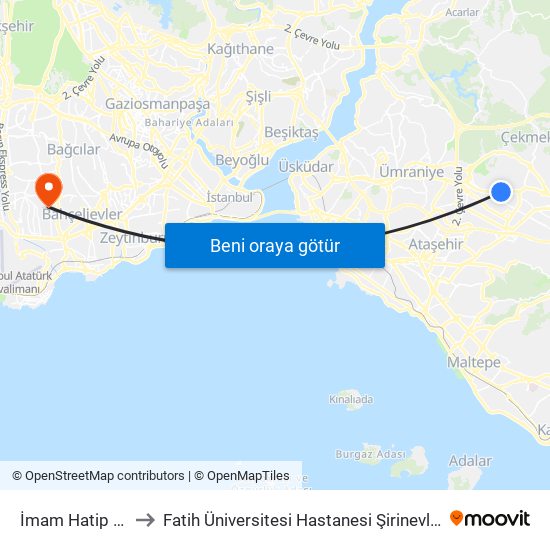 İmam Hatip Lisesi to Fatih Üniversitesi Hastanesi Şirinevler Ek Binası map