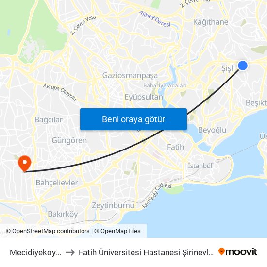 Mecidiyeköy (M7) to Fatih Üniversitesi Hastanesi Şirinevler Ek Binası map