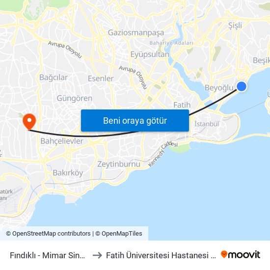 Fındıklı - Mimar Sinan Üniversitesi to Fatih Üniversitesi Hastanesi Şirinevler Ek Binası map