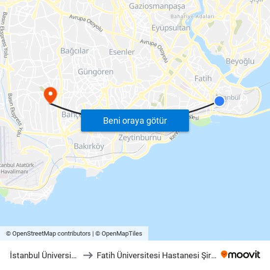 İstanbul Üniversitesi - Laleli to Fatih Üniversitesi Hastanesi Şirinevler Ek Binası map