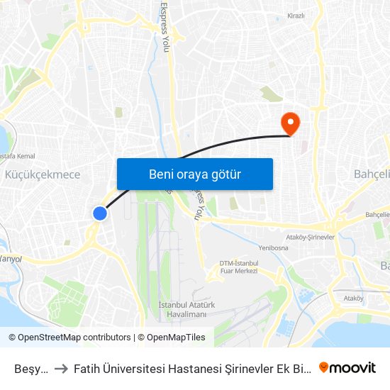 Beşyol to Fatih Üniversitesi Hastanesi Şirinevler Ek Binası map