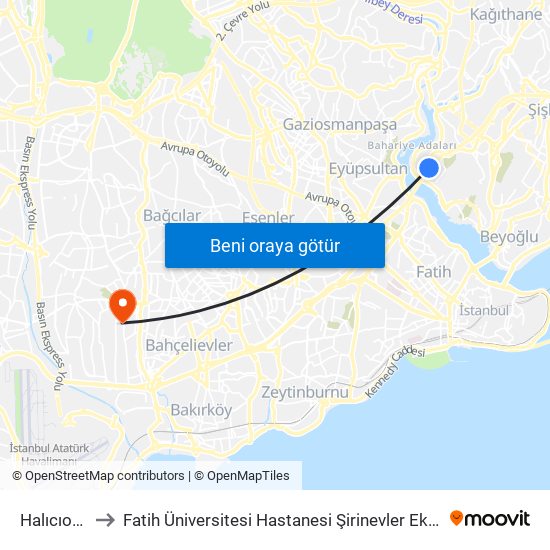 Halıcıoğlu to Fatih Üniversitesi Hastanesi Şirinevler Ek Binası map