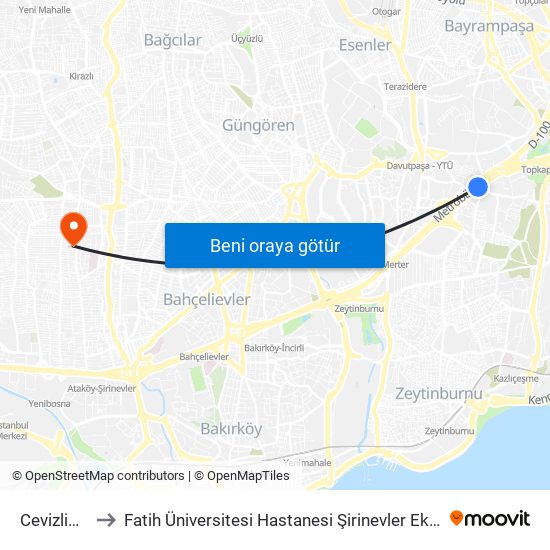 Cevizlibağ to Fatih Üniversitesi Hastanesi Şirinevler Ek Binası map