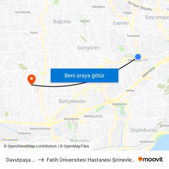 Davutpaşa - Ytü to Fatih Üniversitesi Hastanesi Şirinevler Ek Binası map